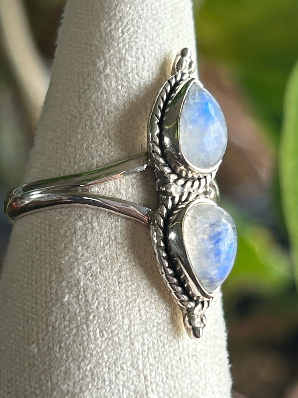 Sterling Silver Double Teardrop Moonstone Ring - Blue Flash
